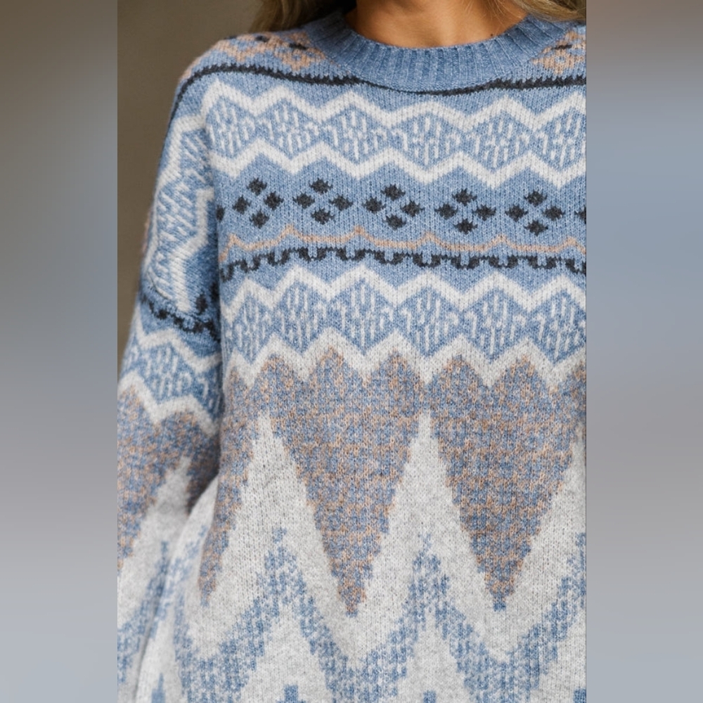 Anniewear Cream Brown Geometric Stripe Chevron Crew Neck Wool Sweater Boutique - Picture 4 of 8